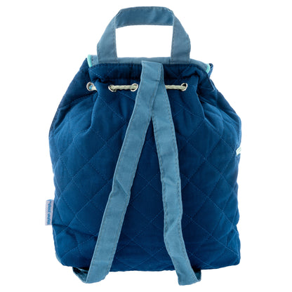 Blue quilted Stephen Joseph Shark 3 toddler backpack with diamond stitching, denim-style straps, drawstring closure, and top handle