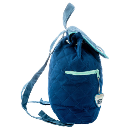 Deep blue quilted toddler backpack with drawstring top, mint green zipper accents, and heart-shaped "Stephen Joseph" charm tag hanging from front pocket
