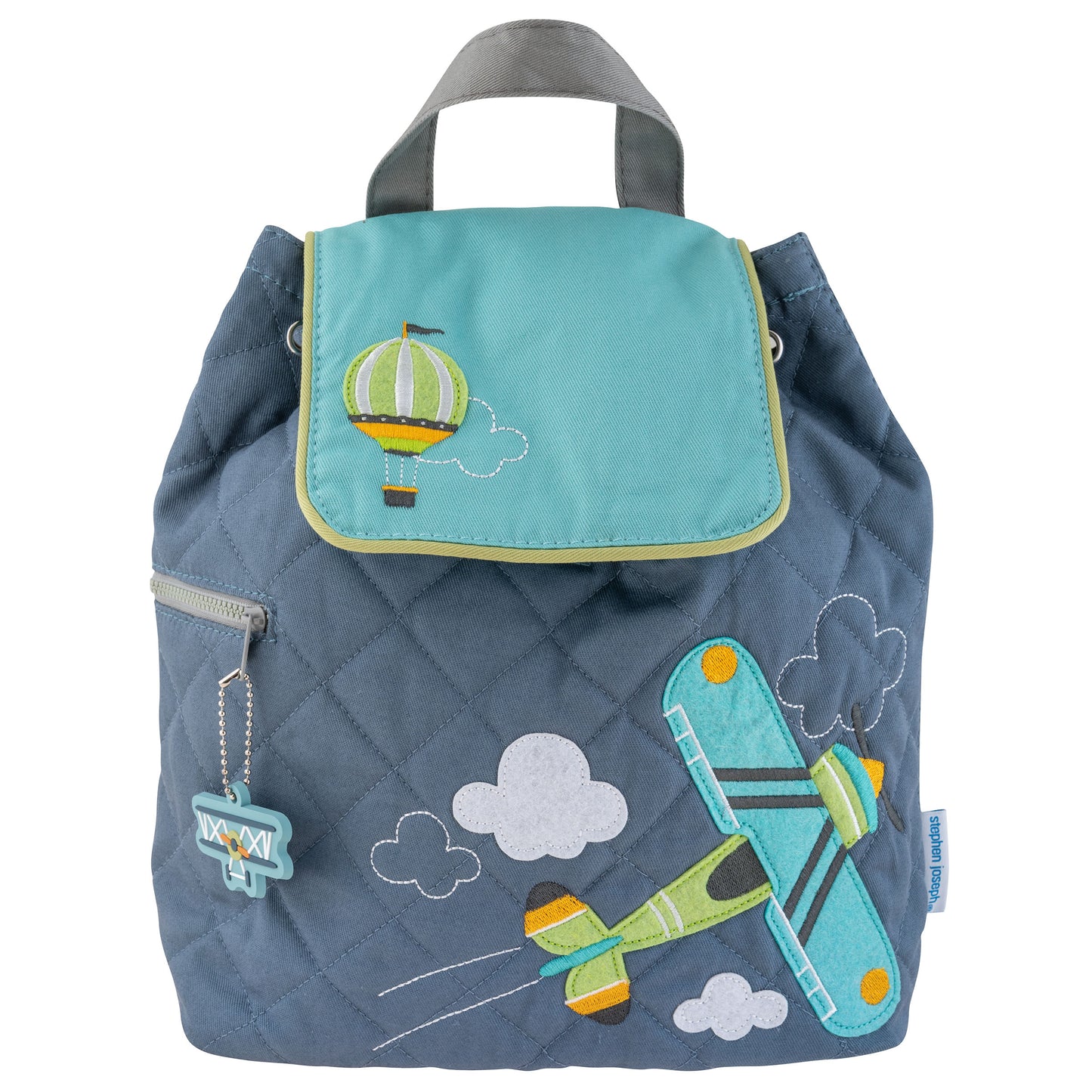Airplane quilted backpack, embroidered design front view