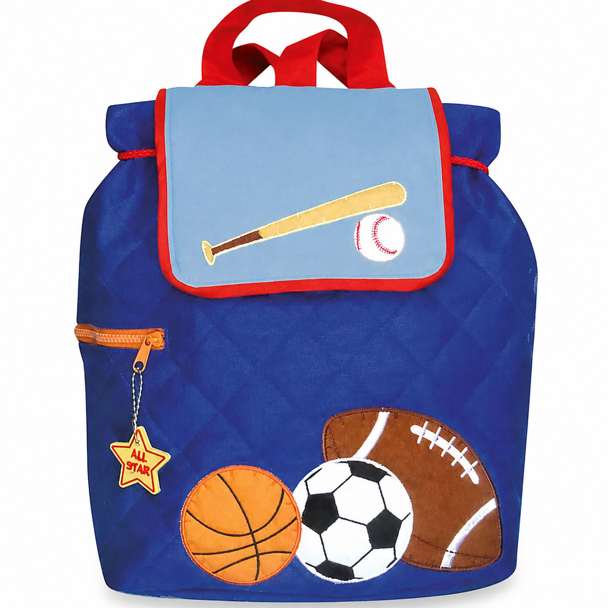 Blue quilted Stephen Joseph sports backpack with red top handle, embroidered baseball bat and ball on flap, plus basketball, soccer ball, and football appliqués