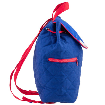 Blue quilted backpack with red drawstring and zipper, featuring embroidered white stars and personalized name on front pocket
