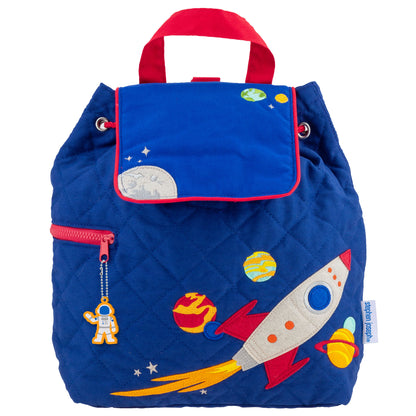 Blue quilted Stephen Joseph toddler backpack with embroidered space rocket, planets, astronaut, and moon print with red trim and matching drawstring closure