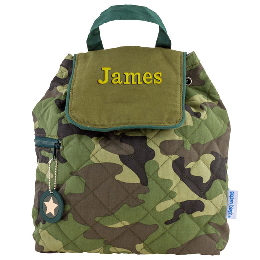 Camo quilted backpack, close-up of embroidered design detail