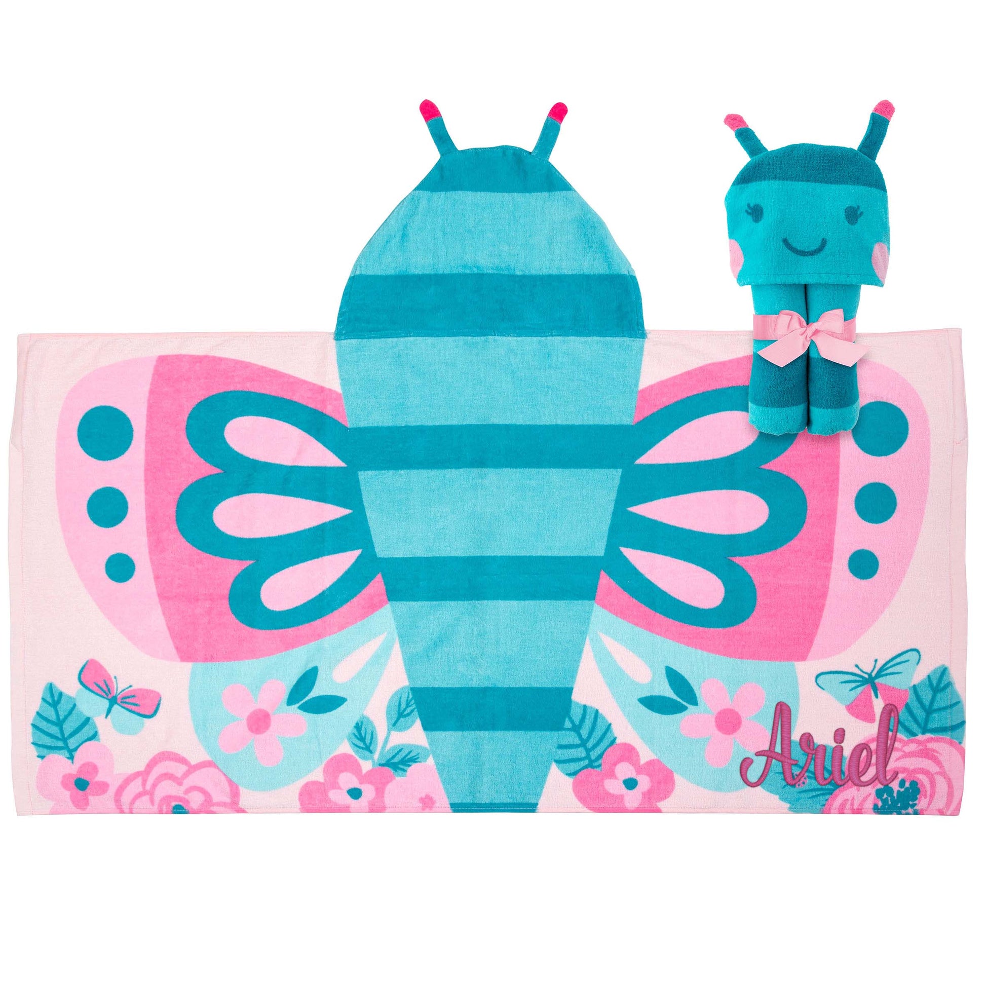 Personalized Butterfly hooded towel by Stephen Joseph - front view with embroidered name