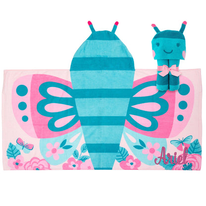 Personalized Butterfly hooded towel by Stephen Joseph, front view with embroidered name