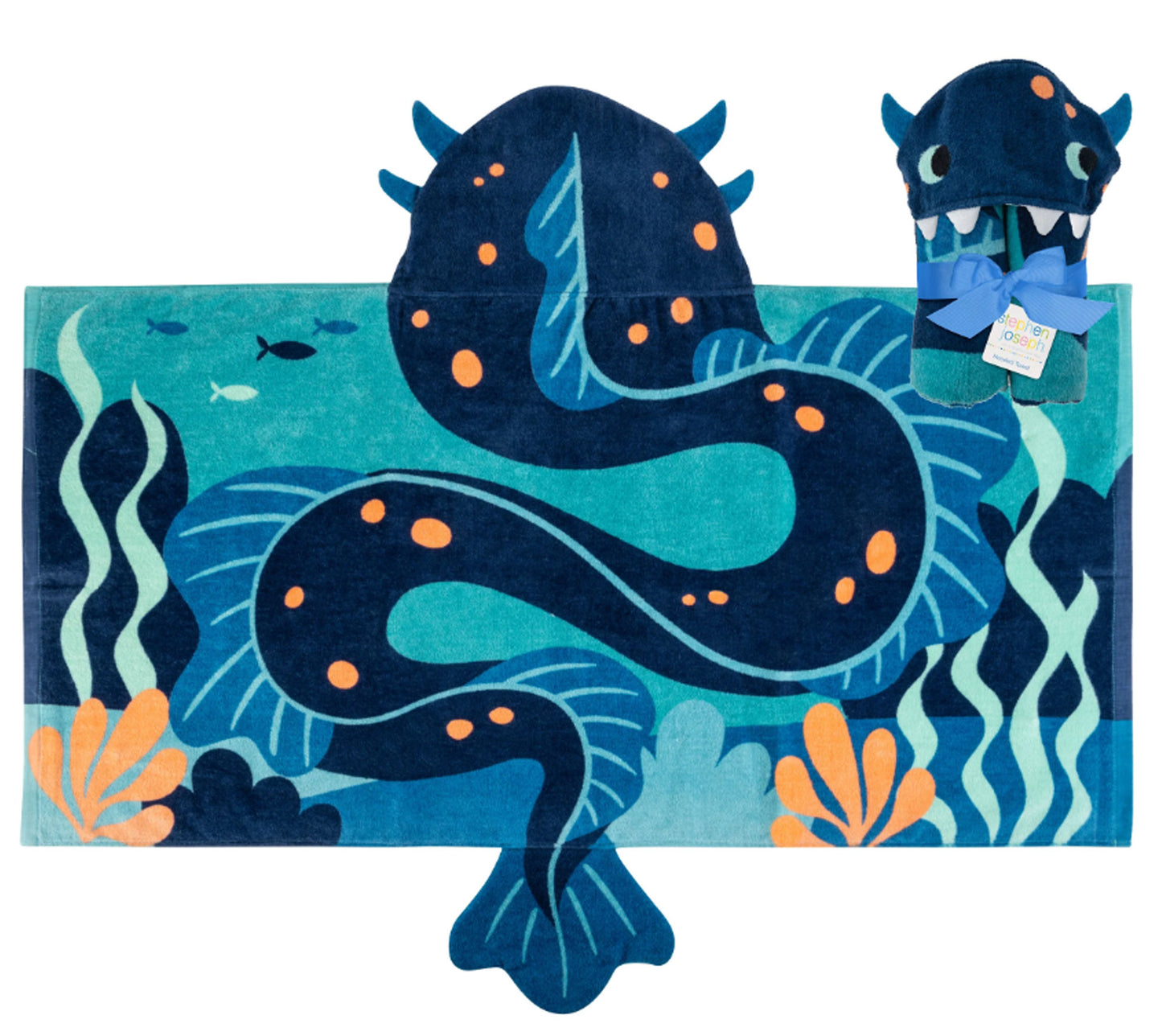 Personalized Sea Monster hooded towel by Stephen Joseph - front view with embroidered name