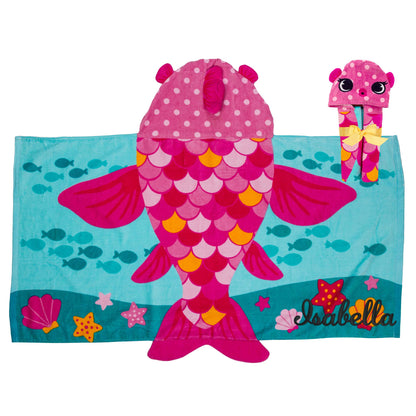Personalized Pink Fish hooded towel by Stephen Joseph, front view with embroidered name