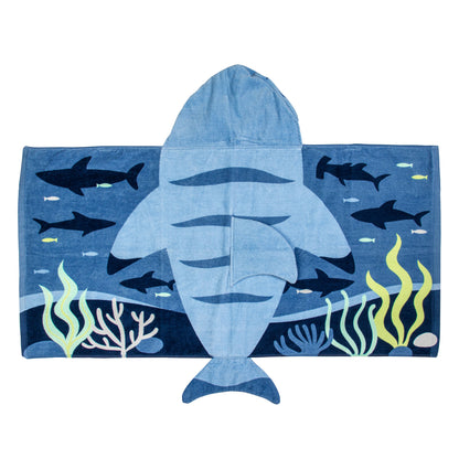 Blue Stephen Joseph hooded towel with shark design, featuring dark blue sharks, seaweed, and coral print on light blue fabric