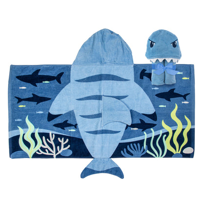 Stephen Joseph Blue Shark hooded towel with matching shark washcloth, blue ocean print featuring fish, coral and seaweed on deep blue background