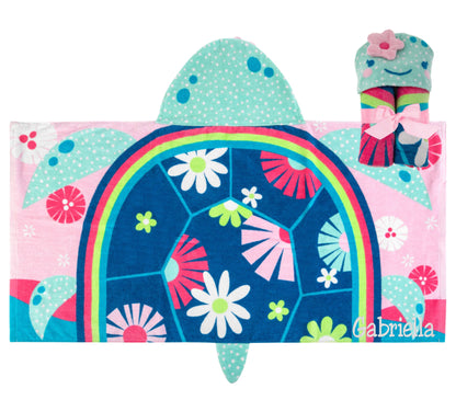 Personalized Rainbow Turtle hooded towel by Stephen Joseph, front view with embroidered name