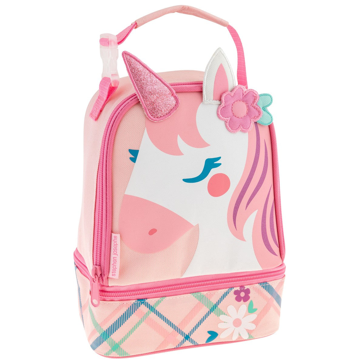 Pink Unicorn lunch pal lunch box, alternate angle showing fabric detail