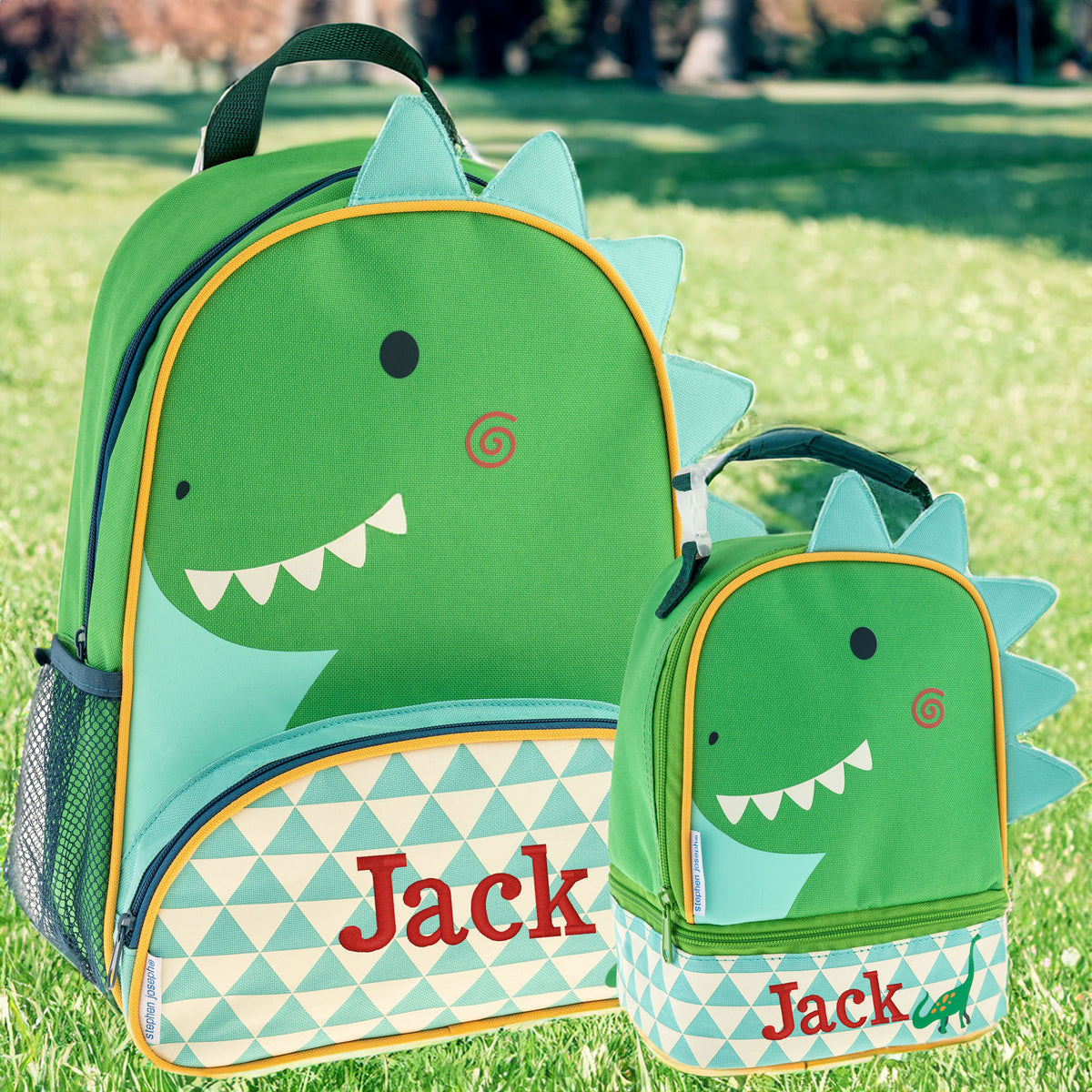 Personalized Stephen Joseph Dinosaur Sidekick Backpack, shown with embroidered name