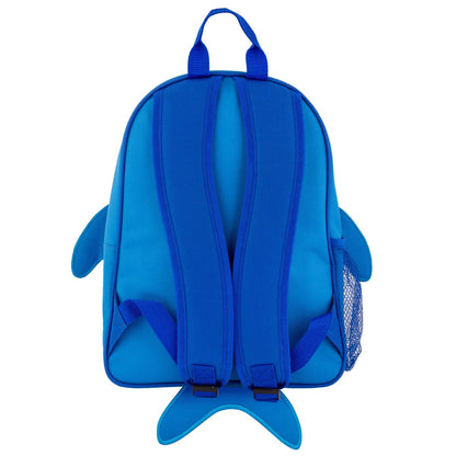 Blue Stephen Joseph shark backpack shown from back, featuring padded shoulder straps, top handle, mesh side pocket, and shark tail fin design