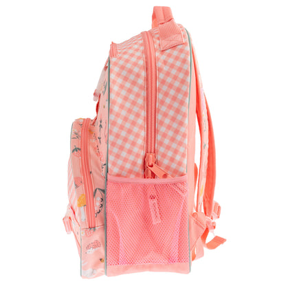 Pink Stephen Joseph backpack with strawberry all-over print, gingham front panel, mesh pocket, and zipped compartments shown from the side