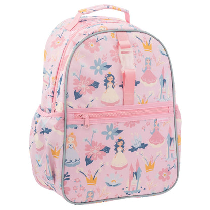 Pink Stephen Joseph princess backpack with floral and castle print, featuring fairytale princesses, crowns, and blue flowers throughout the design