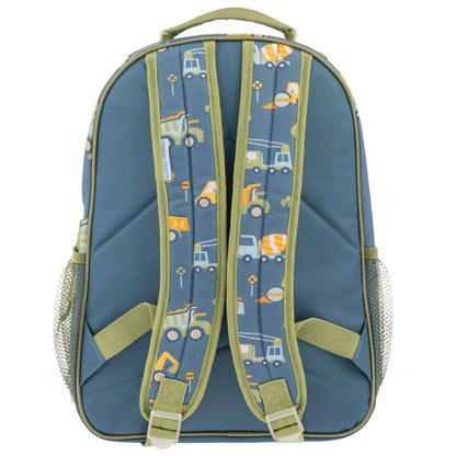 Blue Stephen Joseph construction-themed backpack with yellow and orange vehicle print, padded shoulder straps, mesh side pockets, and green trim accents