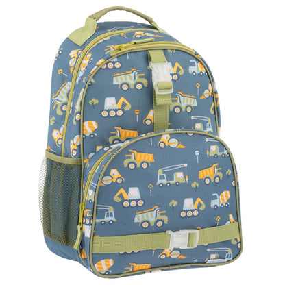 Blue Stephen Joseph backpack with construction vehicle all-over print, green zippers and straps, mesh side pocket, and front buckle strap