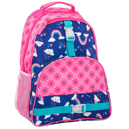 Pink and blue Stephen Joseph backpack with rainbow, cloud, and unicorn all-over print, floral front pocket, and teal straps