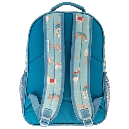 Teal backpack with Western cowboy all-over print featuring horses, cowboys, and windmills on padded shoulder straps