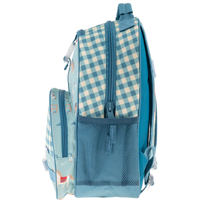 Teal and cream gingham Stephen Joseph Western Cowboy backpack with mesh front pocket, side water bottle pocket, and blue zippers