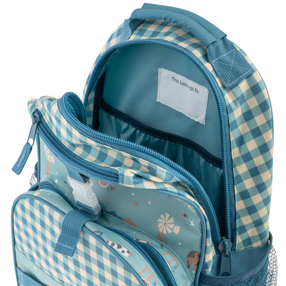 Stephen Joseph Western Cowboy backpack in blue and cream gingham with open front pocket showing animal print lining and "This belongs to" label