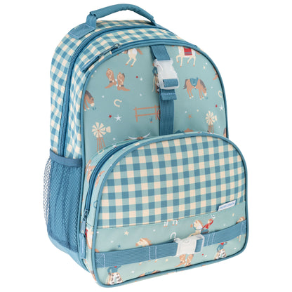 Stephen Joseph Western Cowboy print backpack in blue and cream with gingham pattern, horse and cowboy motifs, front pocket and mesh side pocket