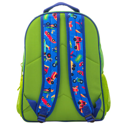 Bright green Stephen Joseph backpack with blue shoulder straps featuring colorful all-over vehicle print including fire trucks, cars, and construction vehicles