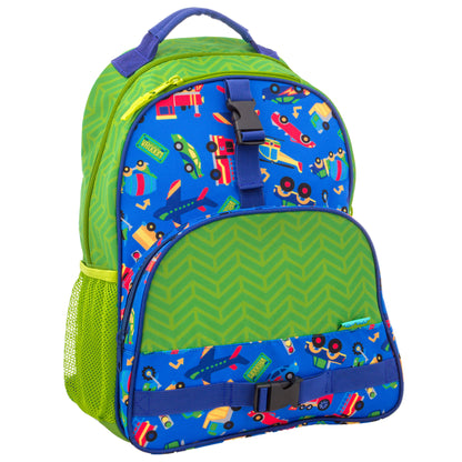 Green and blue Stephen Joseph backpack with colorful vehicle all-over print, chevron front pocket, mesh side pocket, and blue strap buckles