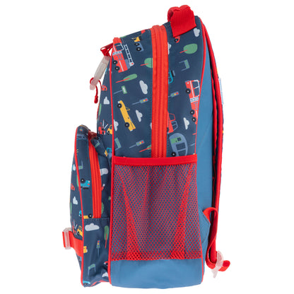 Stephen Joseph Cars & Trucks backpack in blue with colorful vehicle print, red zippers and mesh pocket, shown from the side angle