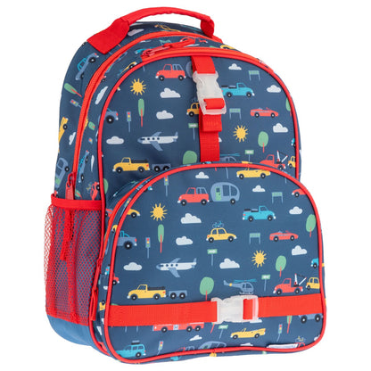 Stephen Joseph Cars & Trucks backpack in blue with colorful vehicle all-over print, red trim, front pocket, side mesh pocket, and buckle strap
