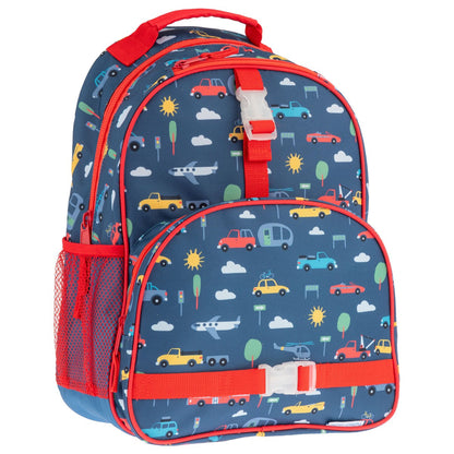 Stephen Joseph Cars & Trucks backpack and lunchbox set in blue with colorful vehicle print and red trim, zippers, and mesh side pocket