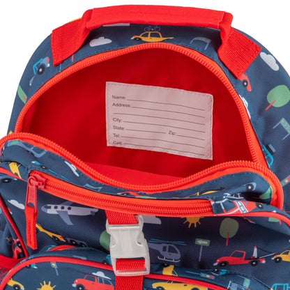 Blue Stephen Joseph backpack with colorful cars and trucks print, orange zipper trim, and white interior name/address label
