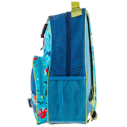 Blue Joseph backpack side view showing shark all-over print, mesh side pocket, blue ripstop panel, and lime green zipper trim accents
