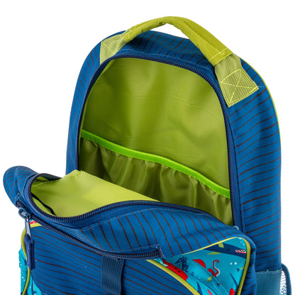 Blue striped Stephen Joseph backpack with lime green interior, open front pocket showing shark all-over print lining and top carry handle