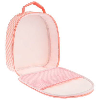 Open pink lunchbox with strawberry all-over print, mesh pocket, and zippered compartments by Stephen Joseph