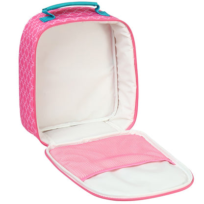 Pink Princess Castle lunchbox open showing white insulated interior, teal handle, and front mesh pocket with