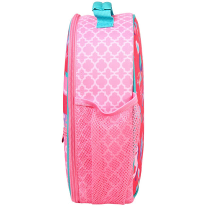 Pink Princess Castle lunchbox with white quatrefoil pattern, front mesh pocket, teal zipper and grab handle, side water bottle pocket