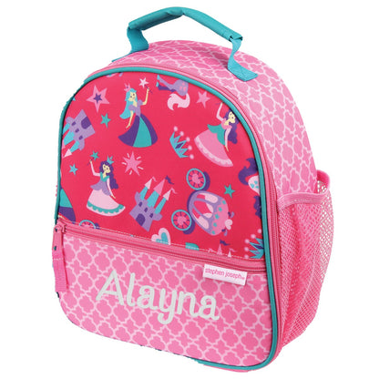 Personalized Stephen Joseph Princess Castle All Over Print Lunchbox, shown with embroidered name