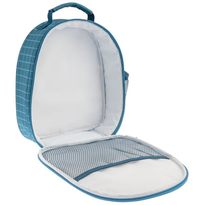 Blue Stephen Joseph Construction lunchbox open showing white insulated interior, mesh pocket, and grid pattern exterior fabric with top handle
