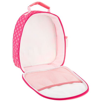 Pink Stephen Joseph sloth lunchbox with floral print, open to reveal white interior and mesh pocket, featuring top carry handle