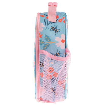 Blue Stephen Joseph lunchbox with pink zipper, floral and bee print, mesh side pocket, and pink grab handle on top