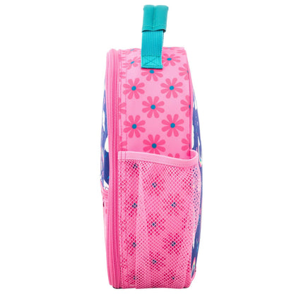 Pink Stephen Joseph lunchbox with floral print, blue zipper pull, and mesh side pocket; blue patterned side panel visible