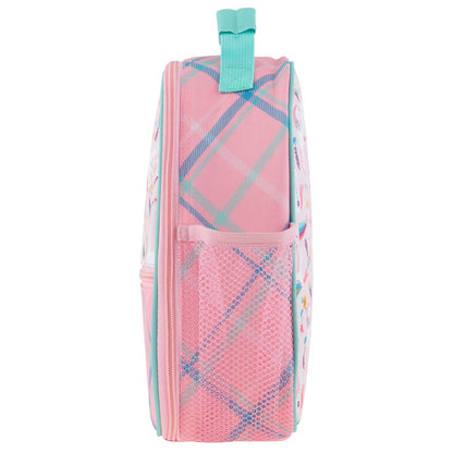 Pink Stephen Joseph lunchbox with plaid and unicorn all-over print, mesh side pocket, and teal carrying handle