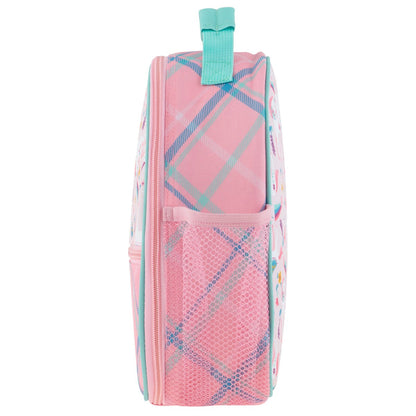 Pink Stephen Joseph unicorn lunchbox with blue plaid pattern, mesh side pocket, and teal grab handle