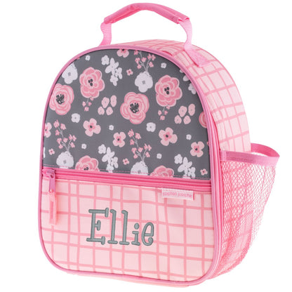 Personalized Stephen Joseph Charcoal Flower All Over Print Lunchbox, shown with embroidered name