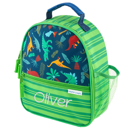 Personalized Stephen Joseph Green Dino All Over Print Lunchbox, shown with embroidered name