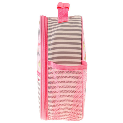 Pink Stephen Joseph lunchbox with striped mesh pocket, pink zipper and handle, dino all-over print on beige and brown striped fabric