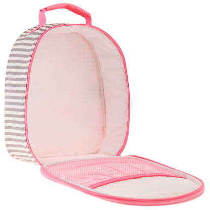 Pink Stephen Joseph lunchbox with striped exterior, open showing pink interior lining and mesh pocket, with top carry handle
