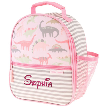 Personalized Stephen Joseph Pink Dino All Over Print Lunchbox, shown with embroidered name