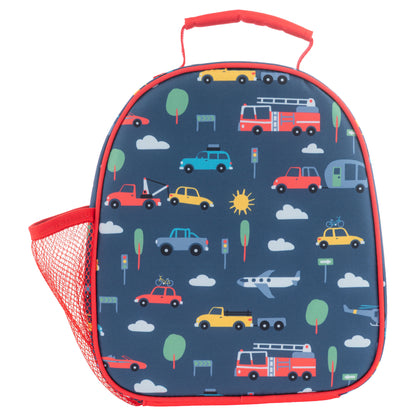 Stephen Joseph Cars & Trucks backpack in blue with colorful vehicles print, red trim, top handle, and side mesh pocket